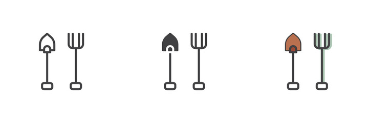 Shovel and rake different style icon set