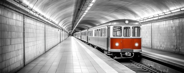 Low-angle view of a vintage subway train entering an underground station