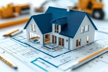 Architectural blueprint of a suburban house under construction symbolizing detailed planning precision in building design and the process of residential development