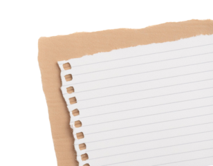 Close-up of a piece of torn lined notebook paper over kraft paper, perfect for backgrounds or note-taking concepts.