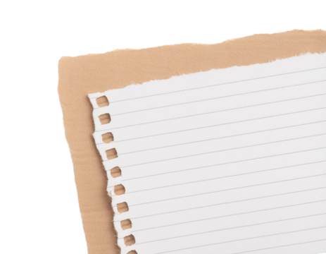 Close-up of a piece of torn lined notebook paper over kraft paper, perfect for backgrounds or note-taking concepts.