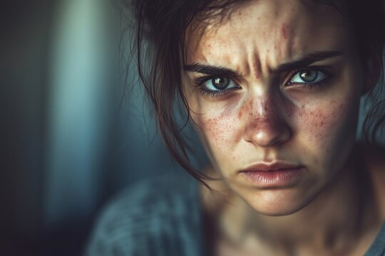 the beaten woman is covered in bruises and blood. domestic violence