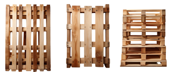 Three wooden pallets arranged in a row isolated on white background, useful for transport and storage themes in business contexts.
