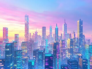 Panoramic view of a futuristic cityscape at twilight