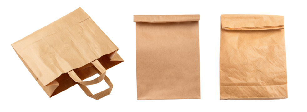 Set of brown paper bags, including one with handles and two various sizes, perfect for eco-friendly packaging and grocery shopping.