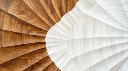 Abstract Close-Up of Wooden and White Textured Fan Pattern with Radial Design