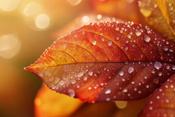 A detailed close-up shot of dew-covered autumn leaves in the morning light, showcasing the vibrant reds, oranges, and yellows, with the sun softly illuminating the intricate veins