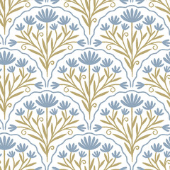 Geometrical pattern in art deco style with abstract blue flowers. Scallop pattern illustration. Elegant design.
