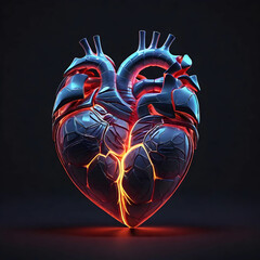 Glowing lines at human heart 3D shape on dark background generative ai