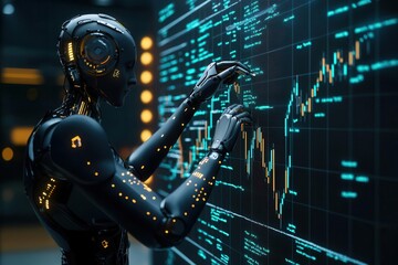 Robot arm writing trading algorithms on a virtual blackboard, programming, algorithm creation for automated trading