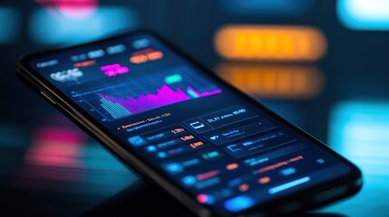 Digital wallet app open on a smartphone, with blurred financial data in the background, highlighting mobile banking technology Close-up photo with clean background