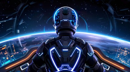 Fototapeta premium Astronaut in Spaceship Looking at Earth From Space