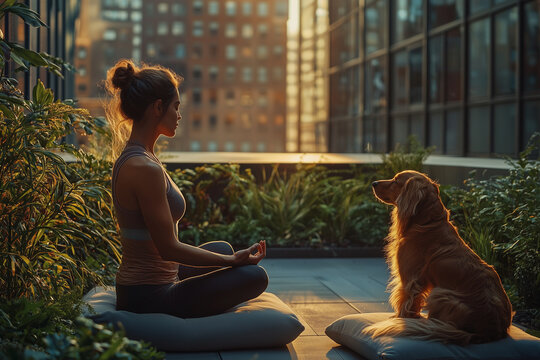 woman and a dog sitting on cushions on a balcony during sunset, capturing a serene moment of meditation and companionship amidst an urban environment