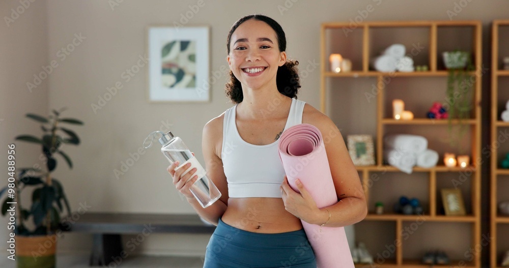 Poster Home, woman portrait and water with mat after yoga, practice and mindfulness session for wellness. Fitness, female person and yogi with smile with beverage bottle, detox or hydration with mineral H2O