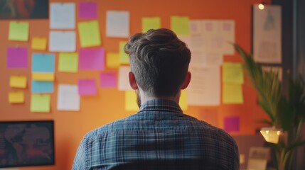 Entrepreneur brainstorming in a vibrant workspace with sticky notes and artistic posters on the wall, combining creative thinking with business planning