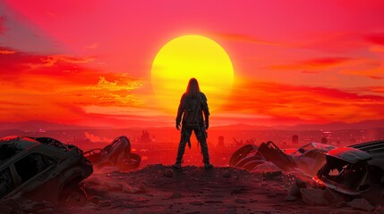 Obraz premium Silhouette of a Man Standing on a Hilltop with a Red Sunset and Wrecked Cars