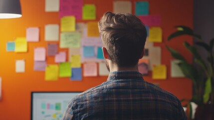 Entrepreneur brainstorming in a vibrant workspace with sticky notes and artistic posters on the wall, combining creative thinking with business planning