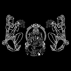 Divine Ganesha with Attendants Offering Flowers - Spiritual Indian Vector Art