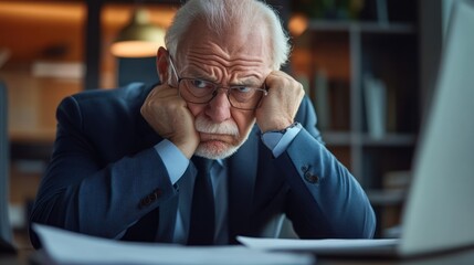 Focused senior manager leaning forward with a disapproving expression while going through an unsatisfactory report in an elegant office