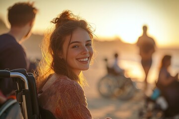 close-up of attractive young woman in wheelchair, smiling and relaxing on the beach with friends during sunset 