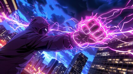 Obraz premium Anime Superhero Power Fist Cityscape Illustration