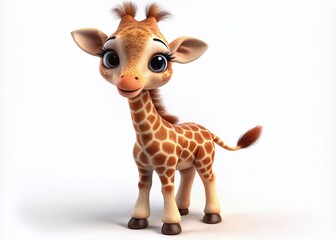 Obraz premium Adorable 3D giraffe cartoon stands alone on a clean white background, showcasing its bright brown fur, long eyelashes, and endearing facial expression.