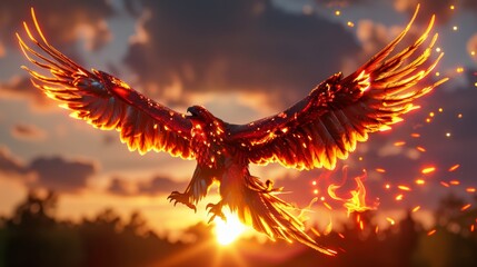 Fiery Phoenix Bird Soaring in Sunset Sky