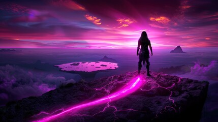Fototapeta premium Woman Standing on a Mountaintop with Pink Sky and Floating Island