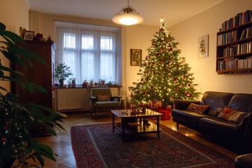 Cozy Czech living room on Christmas Eve with a beautifully decorated tree and wrapped presents, creating a warm and festive holiday atmosphere.