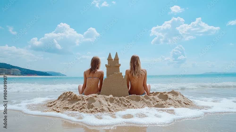 Sticker Two women sitting on a beach with sand castles in the background, AI