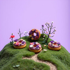 Fototapeta premium Miniature landscape advertising photography doughnuts made of flowers purple tones