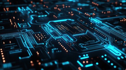 Obraz premium Futuristic circuit board with glowing blue lines and microchips, showcasing the complexity and innovation in modern technology Close-up photo with clean background