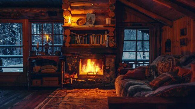 A warm and inviting cabin room at night with a glowing fireplace, creating a cozy and peaceful retreat in the heart of nature.
 Seamless looping 4k time-lapse virtual video animation Generated AI