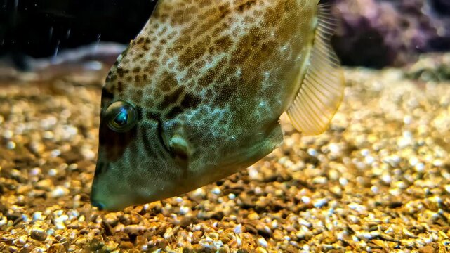 A thread-sail filefish or Stephanolepis cirrhifer foraging along the sandy ocean floor - isolated close up