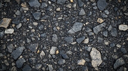 Gritty asphalt texture with scattered pebbles, offering a rugged and urban vibe for designs Close-up photo with clean background