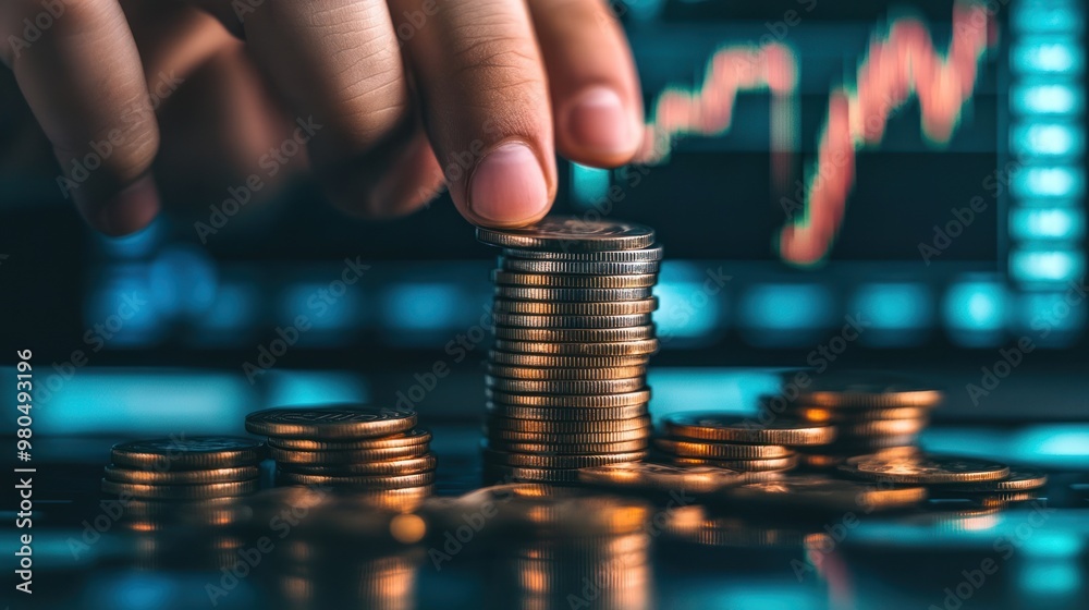 Poster hand stacking coins with a background of financial charts and stock market data on a computer screen