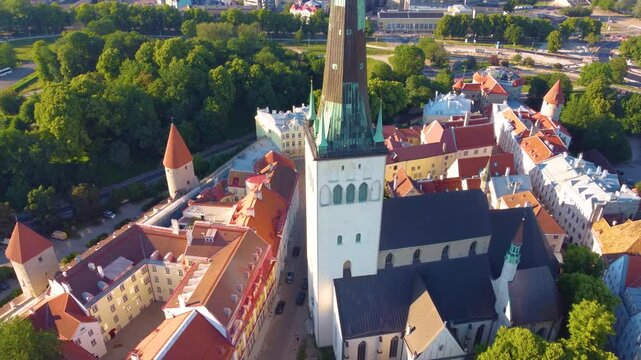 Aerial view of St. Olaf's Church tower in Tallinn, Estonia