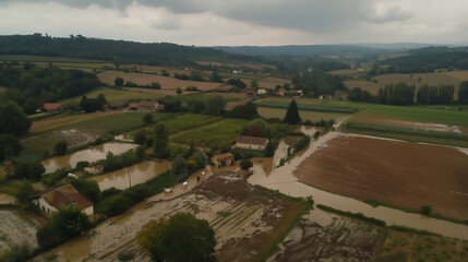 A poignant scene of a flooded farmland in the countryside of France, with farmers rescuing livestock and crops