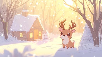 Fototapeta premium Christmas Card with reindeer night winter scene in Watercolor, generated ai