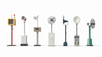 Weather stations for monitoring local weather conditions isolated on white background