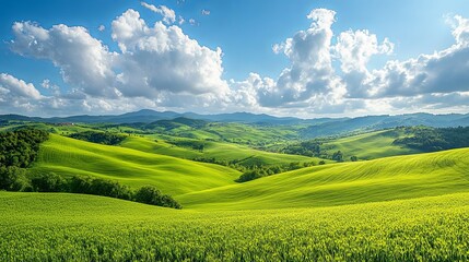 Fototapeta premium Rolling Green Hills and Blue Sky with Puffy Clouds