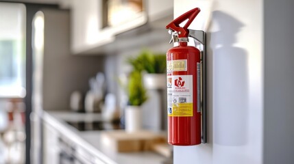 Modern kitchen with a prominent red fire extinguisher on a countertop highlighting safety and preparedness in a contemporary home setting
