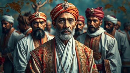 Fototapeta premium A dignified ensemble of traditional garments, characterized by crisp white robes, intricately embroidered jackets, and