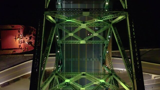 Green color Pont Jacques Cartier bridge in Montreal, aerial top down view