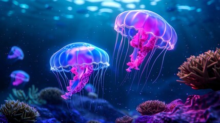 Bioluminescent Jellyfish in Deep Blue Ocean