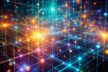 Obraz premium Vibrant abstract digital background featuring glowing particles and lines forming a grid surface, representing big data visualization and futuristic technology concept.