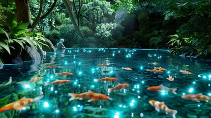 Fototapeta premium Enchanted Forest Pond with Koi Fish and Glowing Lights