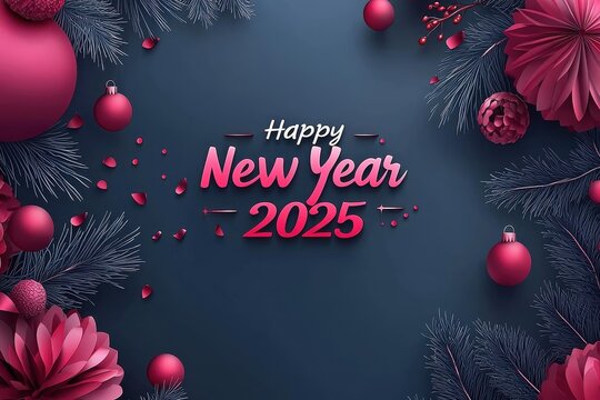 Happy New Year 2025 with red floral decorations