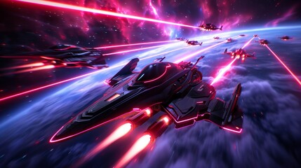 Futuristic Spaceship Flying Through Nebula With Red Lights