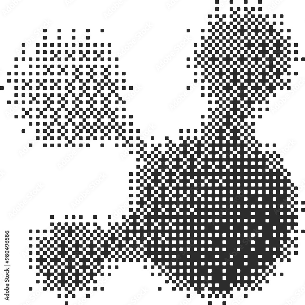Poster Pixel pattern molecule shape. Textured cosmic element with bitmap dither gradient. Retro icon with old computer game graphic effect. Halftone grunge illustration